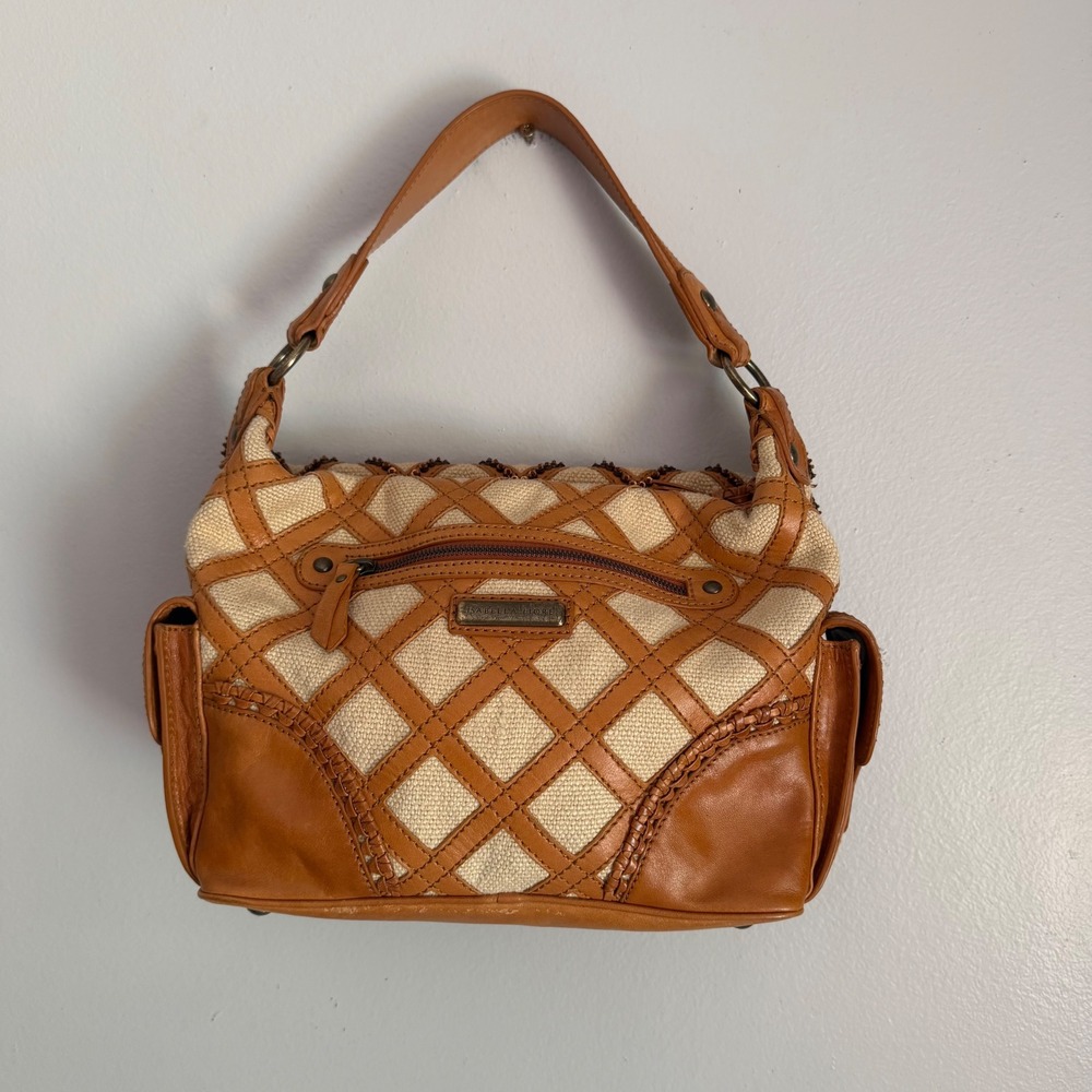 Isabella Fiore Tan Leather Canvas Lattice Beaded Shoulder Bag Boho Satchel
